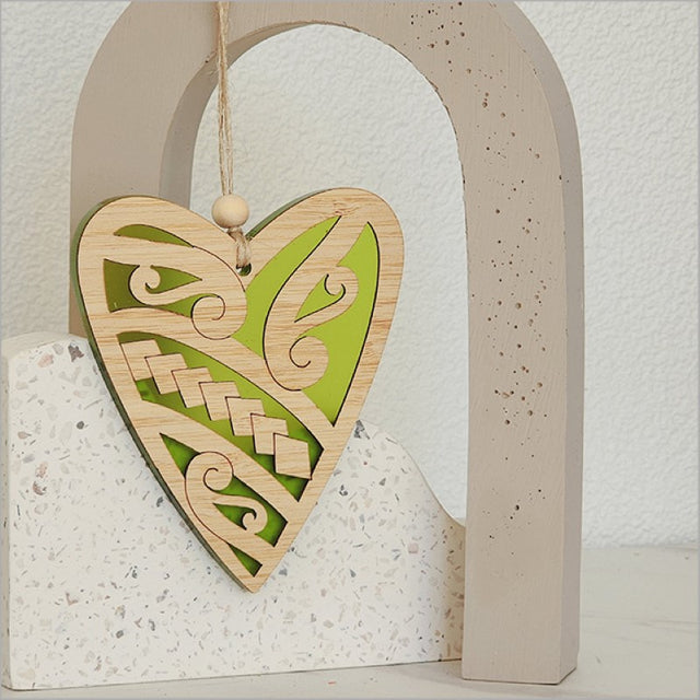 Lime satin acrylic heart ornament, measuring 90mm x 105mm, perfect for home decor and thoughtful gifts.