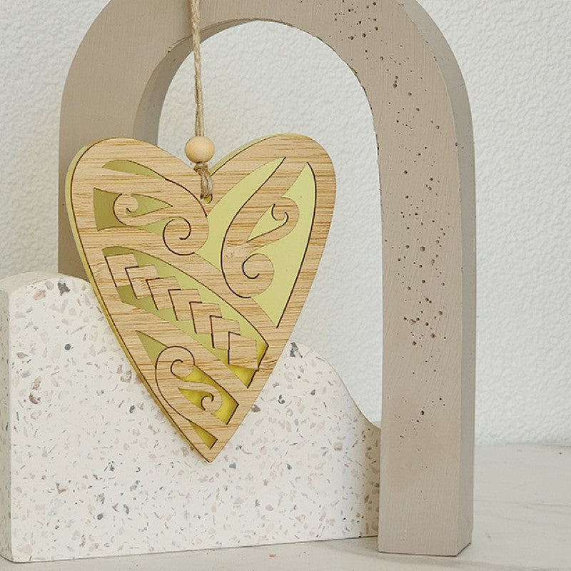 Yellow satin acrylic heart ornament, laser-cut bamboo, ready to hang, ideal for gifts and decorations.