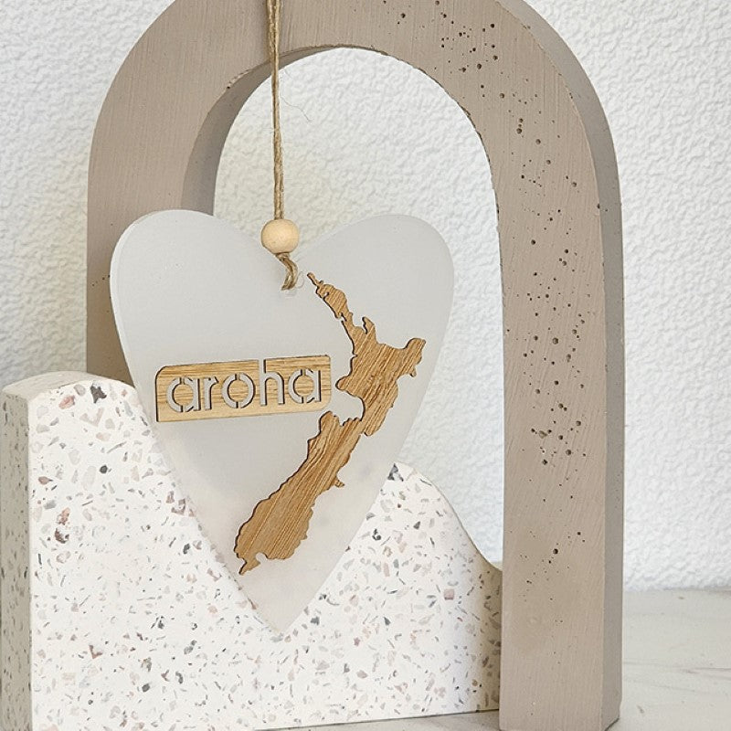 White satin acrylic heart hanging ornament, laser-cut bamboo, 90mm x 105mm, perfect for gifts and decorations.