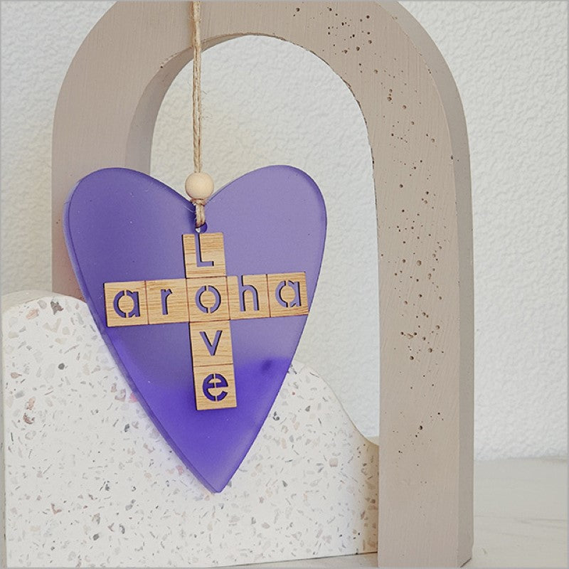 Purple satin acrylic heart ornament with laser-cut bamboo, perfect for celebrating love and enhancing home decor.