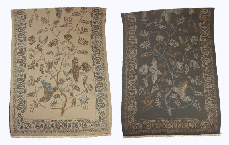 Scarf - Reversable Bird Flower Scarf - BEIGE