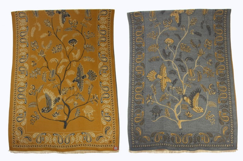 Scarf - Reversable Bird Flower Scarf - MUSTARD
