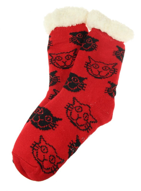 Cat Design Fleece Socks - RED - Set of 2