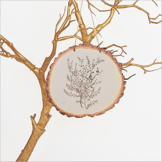 Wood slice wall art featuring delicate Manuka flowers by Sarah Featon, showcasing New Zealand's natural beauty, ready to hang.