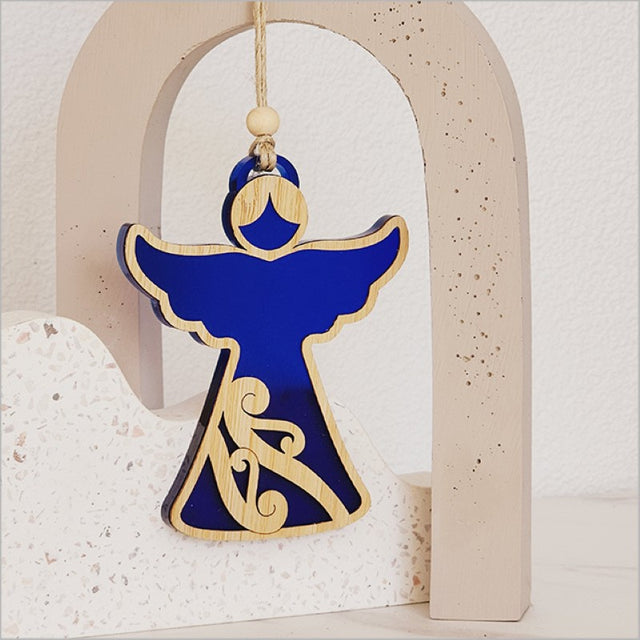 Elegant blue satin acrylic angel ornament, perfect for holiday decor or year-round display, measuring 87mm x 105mm x 8mm.