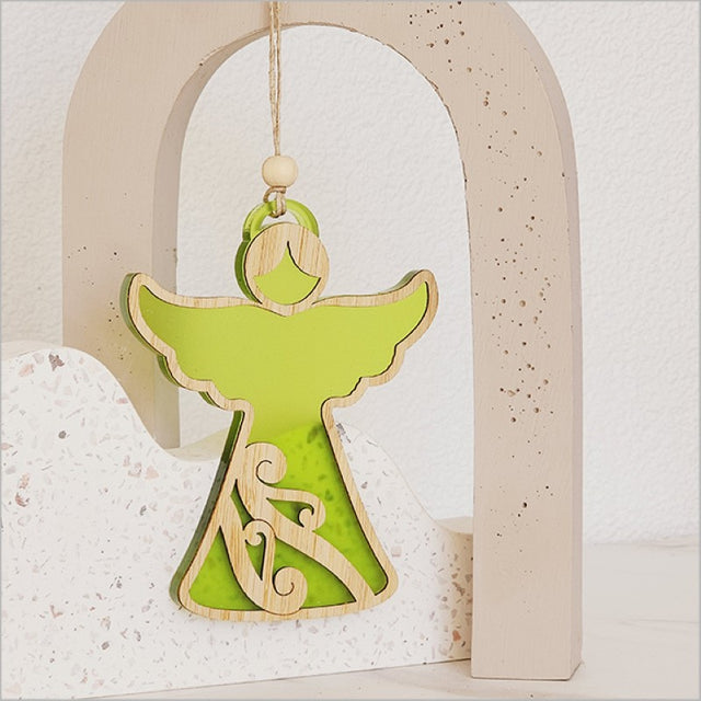 Lime Satin Acrylic angel ornament with intricate laser-cut designs, perfect for holiday decor and easy to hang.