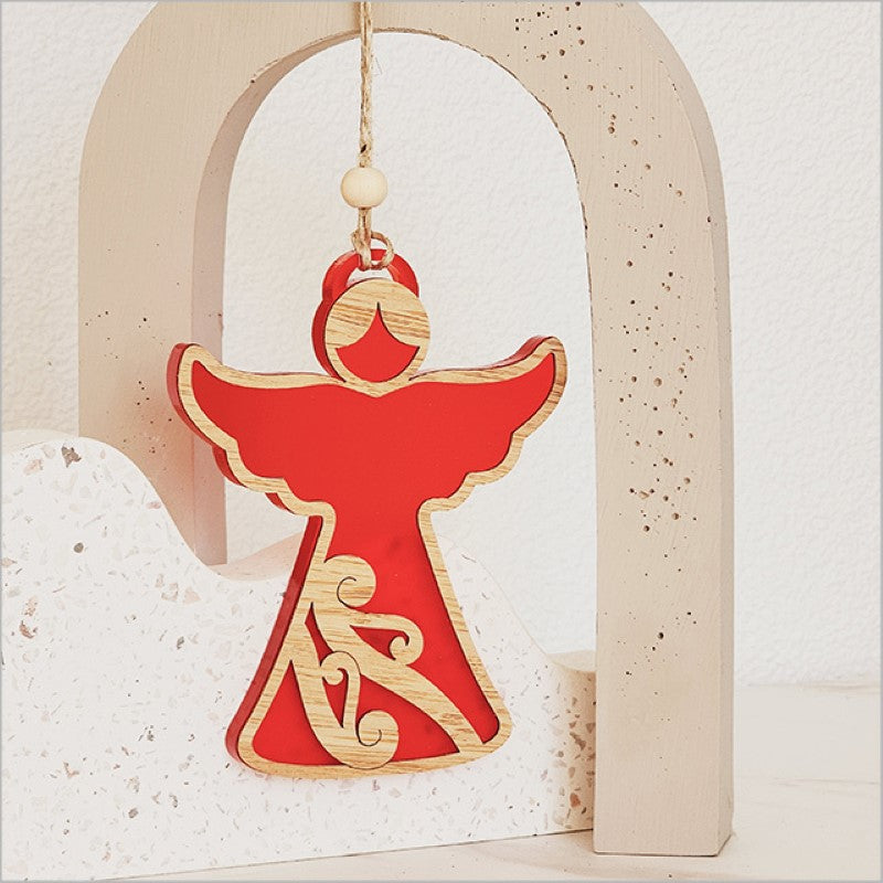 Exquisite red satin acrylic angel ornament with intricate laser cut details, perfect for holiday decor and gifting.