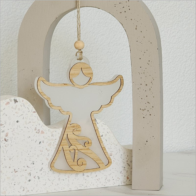 Elegant white acrylic angel ornament with intricate laser-cut designs, perfect for holiday decor and easy gifting.