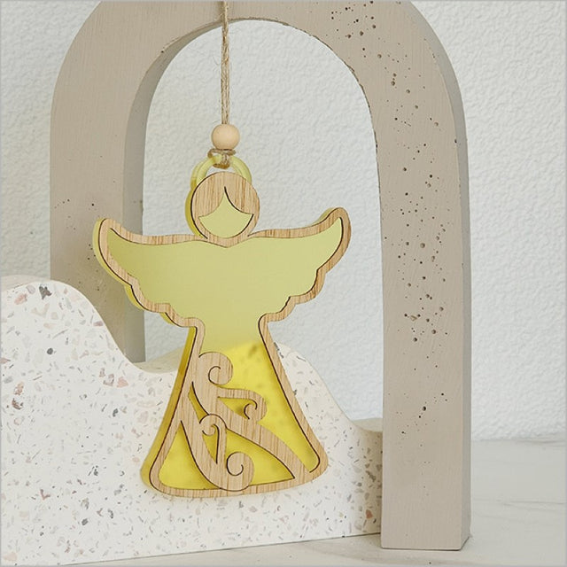 Yellow satin acrylic angel ornament with laser-cut design, measuring 87mm x 105mm, perfect for festive decor or gifts.