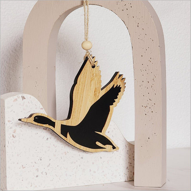 Elegant black satin acrylic duck ornament, laser-cut design, perfect for home decor or gifts, size 110mm x 90mm x 8mm.