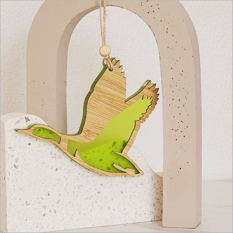 Lime satin acrylic duck hanging ornament, beautifully laser cut, 110mm x 90mm, ideal for gifts and home decor.