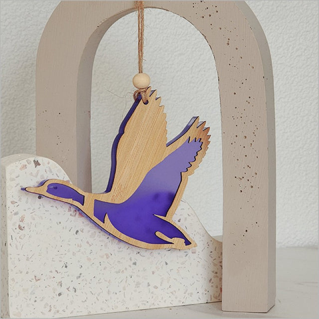 Purple satin acrylic duck ornament, laser-cut, 110mm x 90mm, perfect for home decor or gifts.