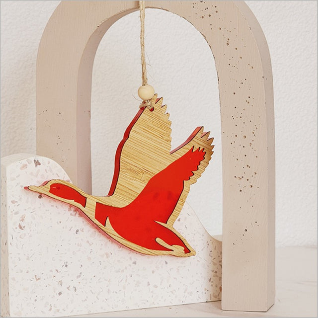 Red satin acrylic duck ornament, 110mm x 90mm, perfect for holiday decor and gifting.