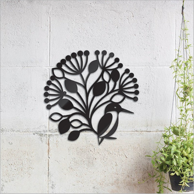 Small black wall art featuring a kingfisher among Pohutukawa flowers, crafted from durable aluminium composite material.