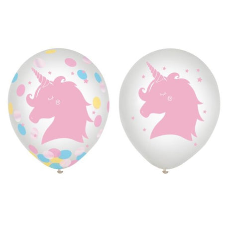 Set of 6 vibrant latex balloons with colorful confetti, perfect for magical birthday celebrations and parties.