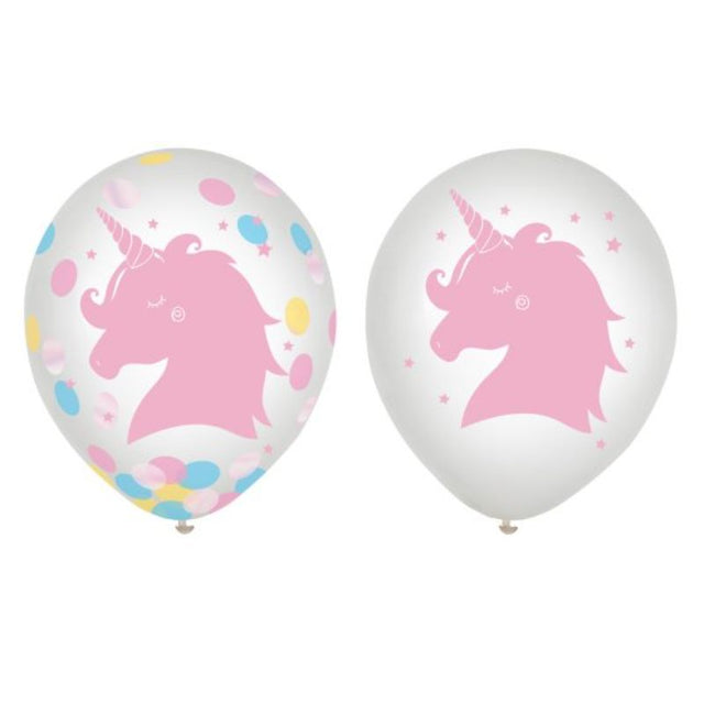 Set of 6 vibrant latex balloons with colorful confetti, perfect for magical birthday celebrations and parties.