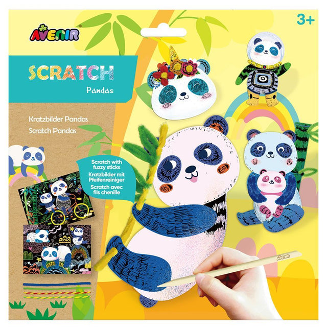 Avenir Scratch with Fuzzy Sticks - Panda's art kit for kids, revealing colorful pandas with textured fuzzy sticks.