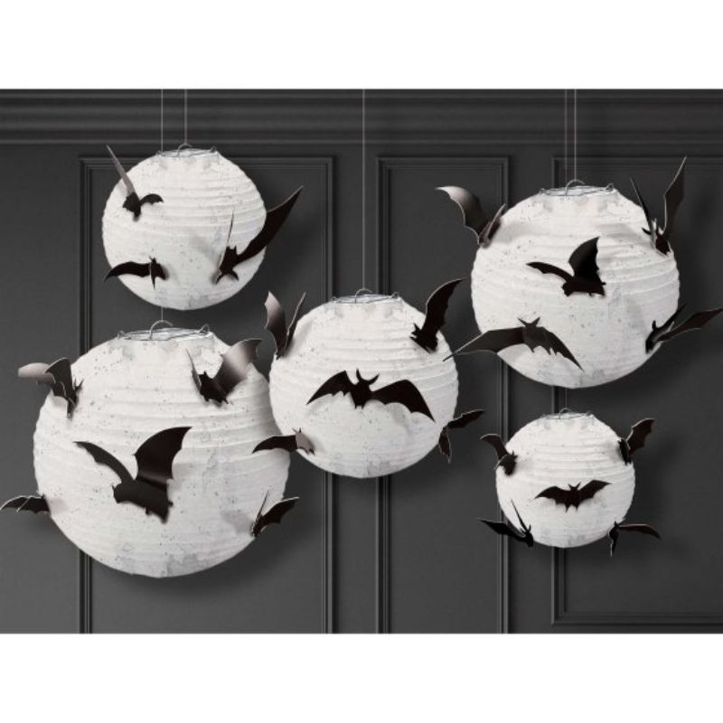 Classic black and white paper lanterns with bat add-ons, perfect for Halloween decor and parties, set of 5 includes different sizes.