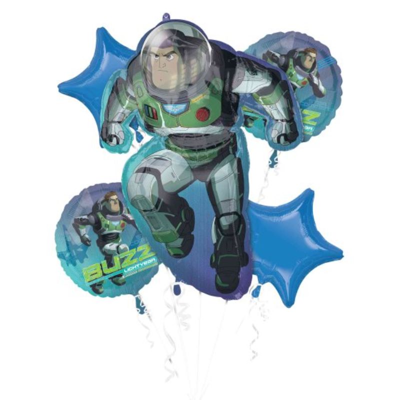 Set of 5 Buzz Lightyear balloons including a shaped balloon and 4 vibrant standard balloons for festive celebrations.