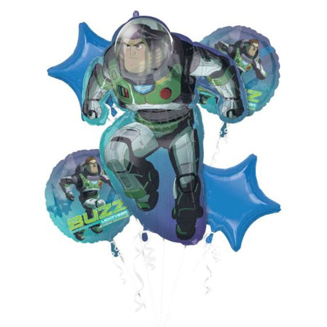 Set of 5 Buzz Lightyear balloons including a shaped balloon and 4 vibrant standard balloons for festive celebrations.