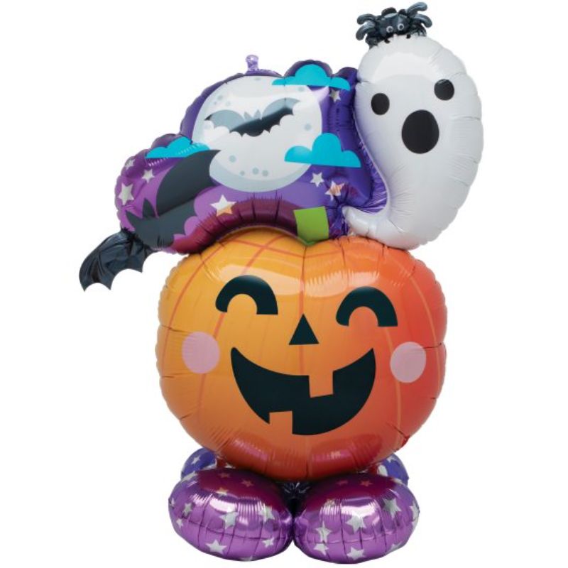 Whimsical air-filled Halloween decoration featuring a ghost and pumpkin, perfect for festive celebrations and gatherings.