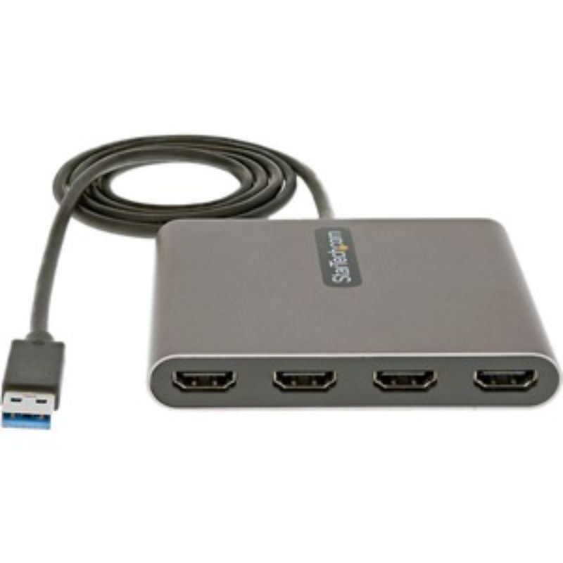 StarTech USB-A to HDMI Adapter connecting four monitors, supporting 1080p output for enhanced multitasking and productivity.