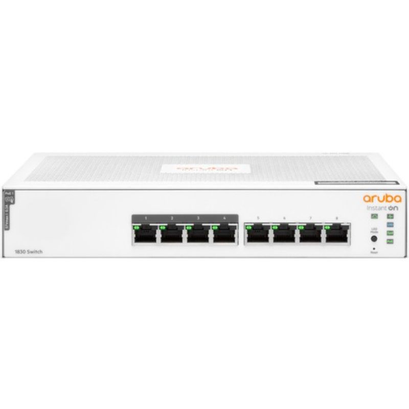 Aruba Instant On 1830 8-Port Gigabit PoE Switch with 65W power budget, ideal for small business networking and device connectivity.