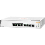 Aruba Instant On 1830 8-Port PoE Switch for small businesses, features Gigabit Ethernet and 4 PoE ports for powering devices.