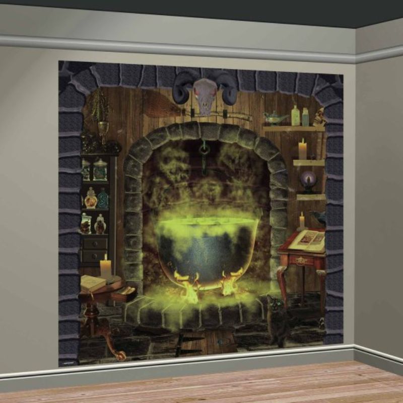 Enchanting Witches Kitchen backdrop scene setters, perfect for Halloween decor and themed parties, measuring 1.65m x 82cm.