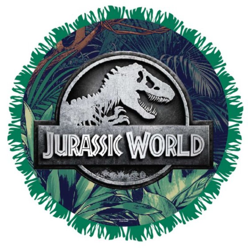 Jurassic Into The Wild Pull String Drum Piñata, dinosaur-themed, 35x35x9 cm, safe and fun for kids' birthday parties.