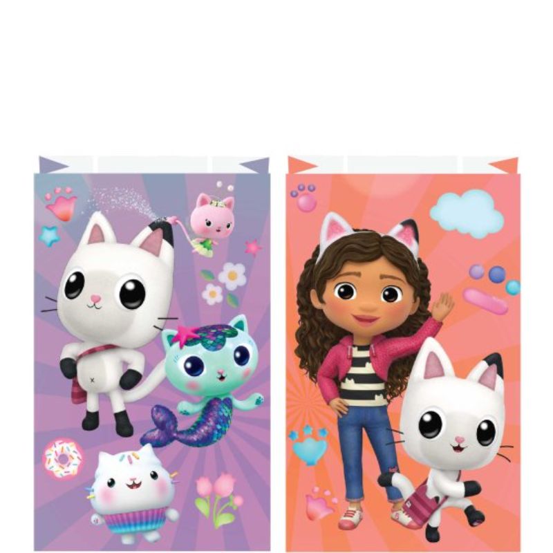 Set of 8 eco-friendly Gabby's Dollhouse kraft bags featuring vibrant designs, perfect for parties and gifts.