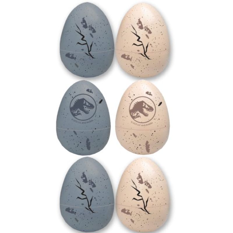Set of 6 colorful plastic fillable eggs for dinosaur-themed fun, perfect for parties and imaginative play.