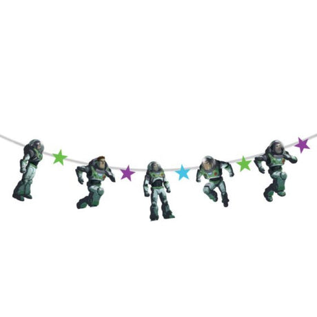 Buzz Lightyear Garland Banner, 2.8m cardboard decoration for birthday parties and toy-themed events featuring vibrant Space Ranger design.