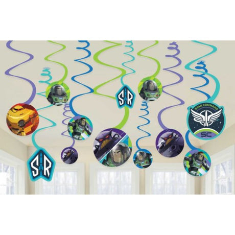 Buzz Lightyear spiral swirls hanging decorations, set of 12, perfect for themed parties and children's room decor.