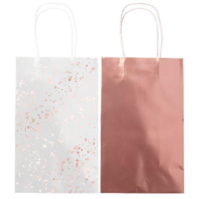 Set of 8 Rose Gold Paper Kraft Bags, elegant and eco-friendly, perfect for gifts, favors, and events, measuring 30cm x 13cm x 8cm.