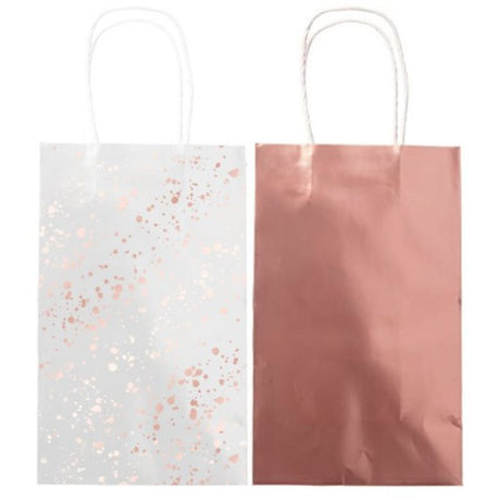 Set of 8 Rose Gold Paper Kraft Bags, elegant and eco-friendly, perfect for gifts, favors, and events, measuring 30cm x 13cm x 8cm.