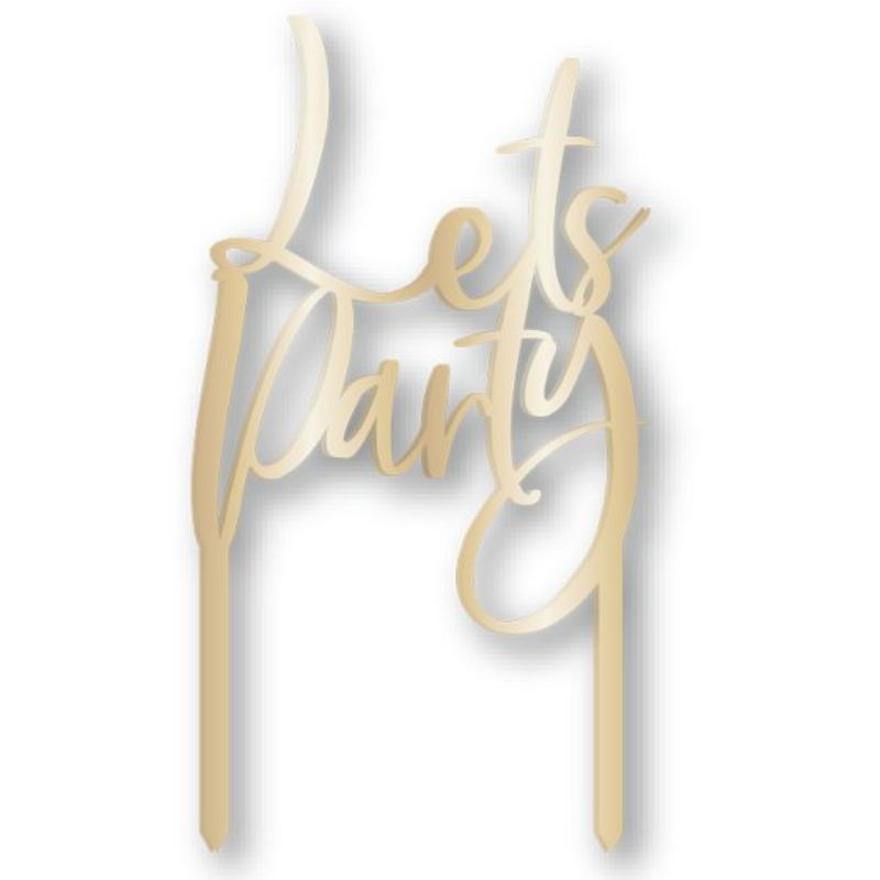 Gold acrylic cake topper 'Let's Party' adds elegance to any celebration, perfect for birthdays and weddings.