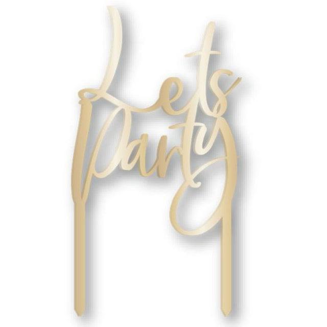 Gold acrylic cake topper 'Let's Party' adds elegance to any celebration, perfect for birthdays and weddings.