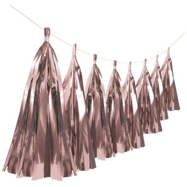 6m Rose Gold Foil Tassel Garland with shimmering tassels, perfect for elegant celebrations and stylish decor.