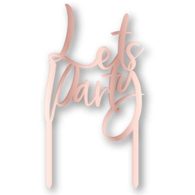 Rose gold acrylic cake topper with 'Let's Party' in cursive, perfect for birthdays and celebrations.