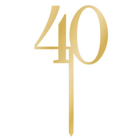Elegant gold acrylic cake topper featuring '40' for birthdays and celebrations, measuring 8cm x 15cm.