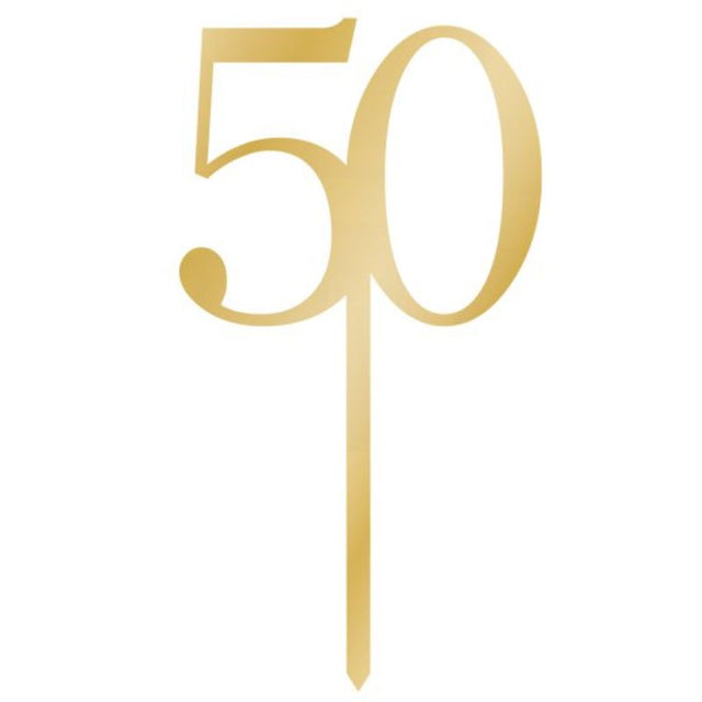 Gold acrylic cake topper pick reading '50', ideal for sparkling celebration, measuring 8cm x 15cm.
