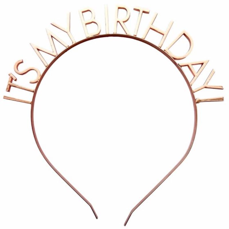 Chic rose gold headband with 'It's My Birthday' embellishment, perfect for stylish birthday celebrations.