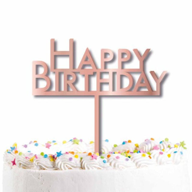 Elegant rose gold acrylic 'Happy Birthday' cake topper adds glamour to any celebration. Perfect for memorable cake presentations.