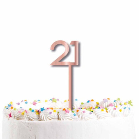 Rose gold acrylic cake topper pick '21' for elegant celebrations, perfect for birthdays and anniversaries.