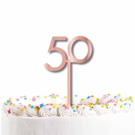 Elegant Rose Gold acrylic cake topper with '50', perfect for birthdays and anniversaries.