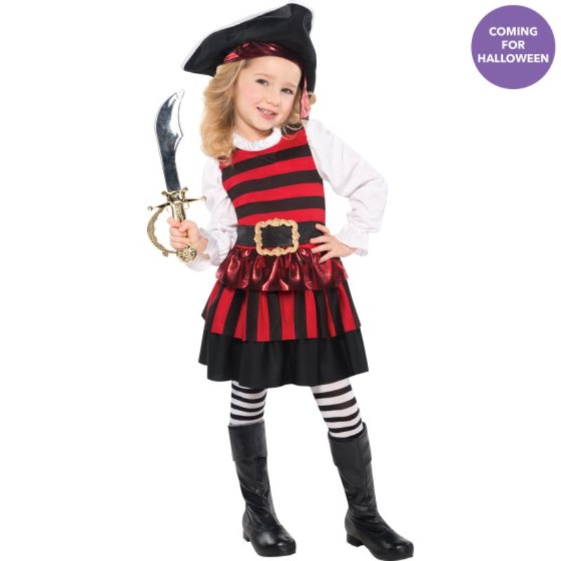 Pirate costume for toddlers, featuring a fun dress with pirate print and a matching hat for imaginative play.