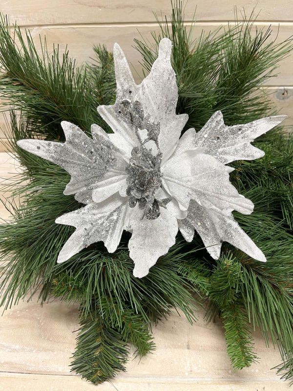 Artificial Poinsettia Head - Silver Ice Punch