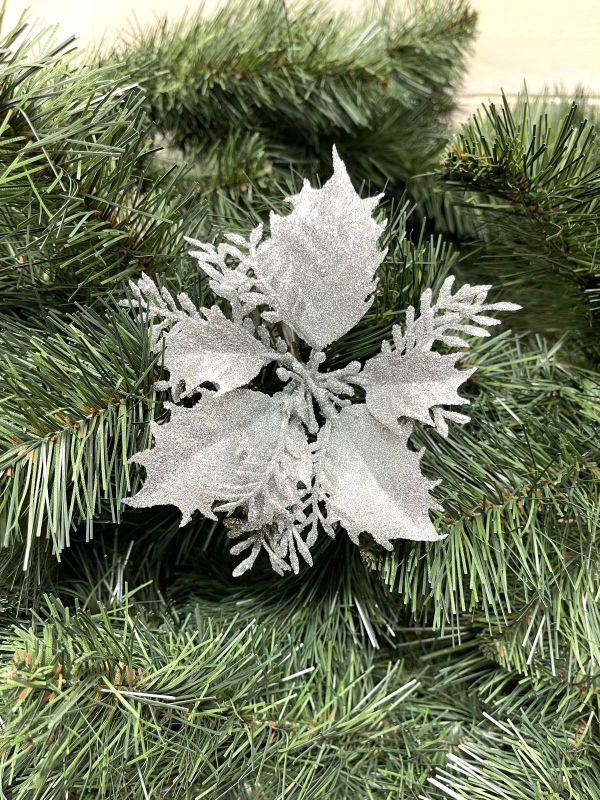 Artificial Poinsettia Pick - Glittered (Silver)