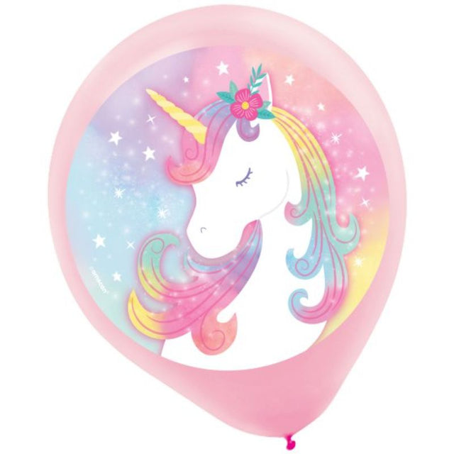 Pack of 5 Enchanted Unicorn 30cm latex balloons featuring colorful unicorn designs for magical celebrations.